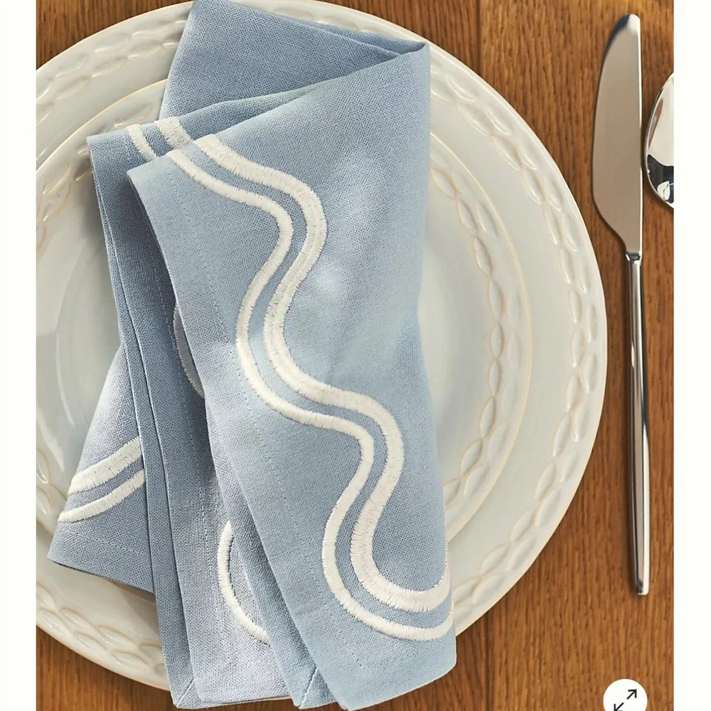 Anthropologie Madeline Embroidered Napkins - Light Blue with White Trim